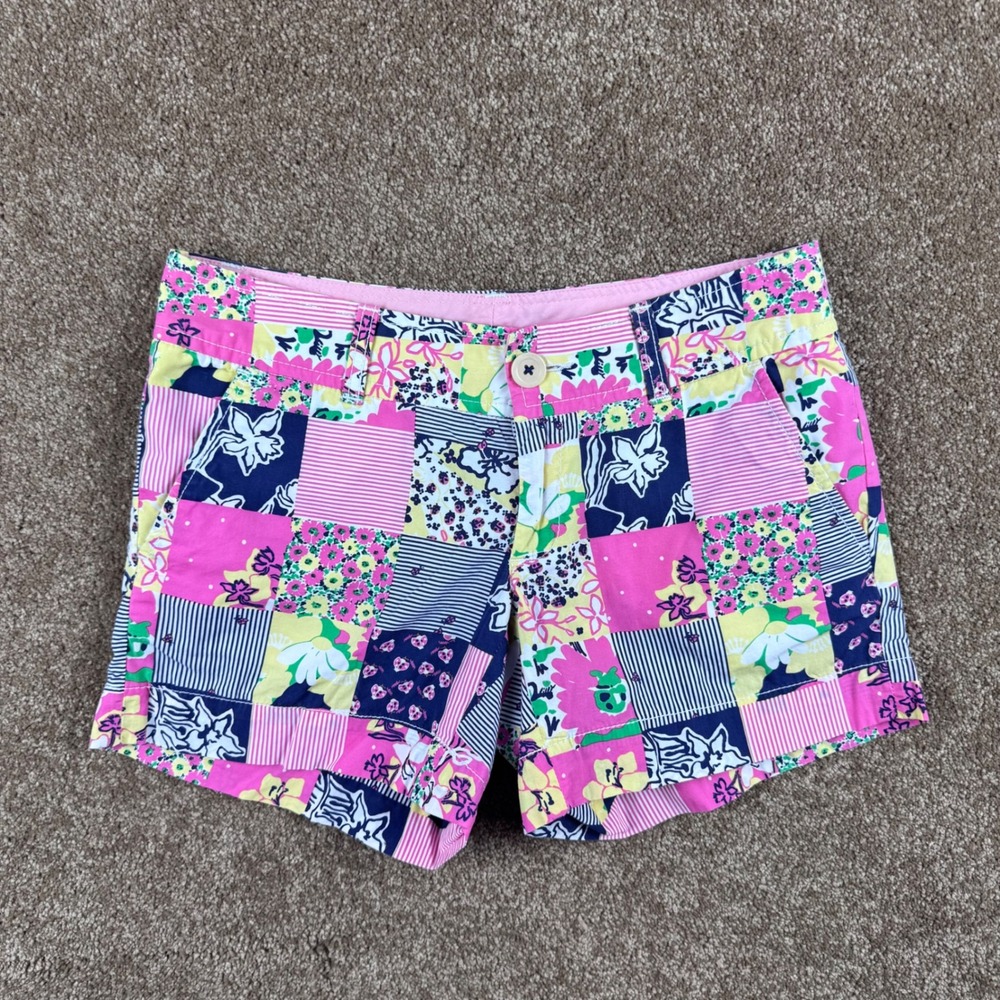Lilly Pulitzer Patchwork Floral Ladybug Cotton Shorts Pink Navy Womens‎ Size 00
